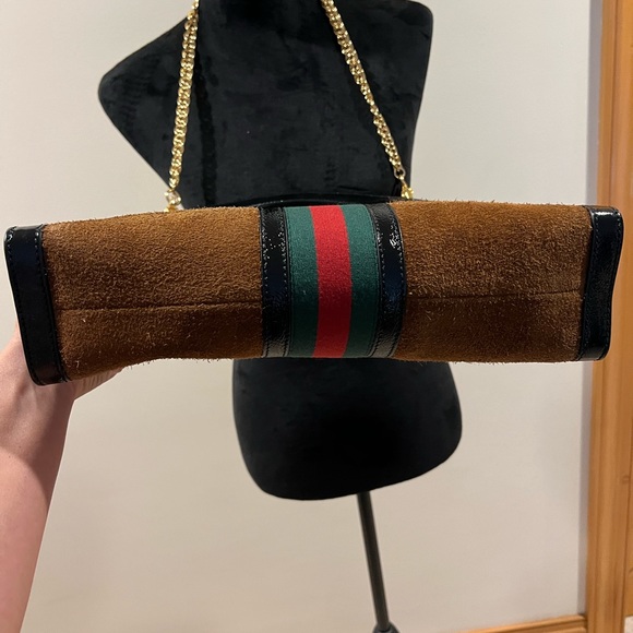 💯 Authentic Gucci Ophidia Brown Suede Cut Out Top Handle Shoulder Bag - Picture 9 of 12